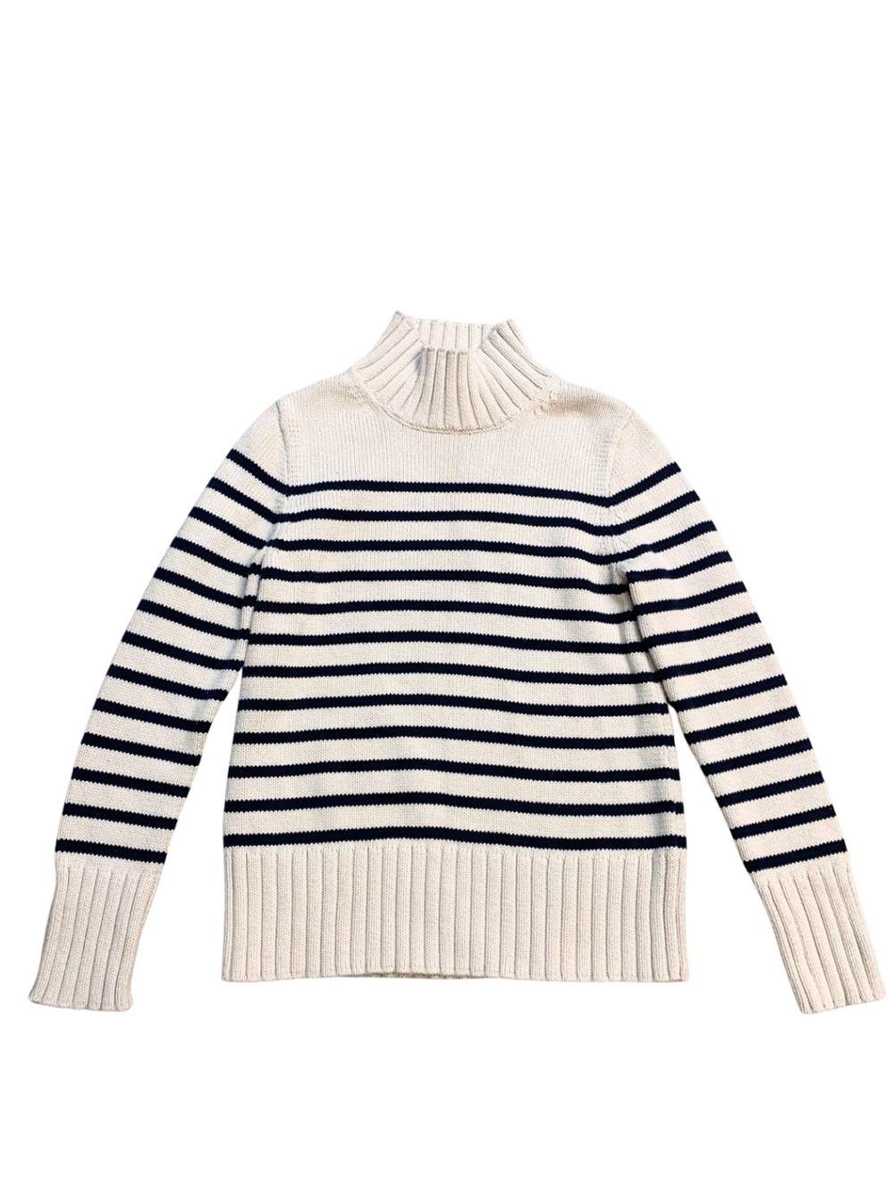 J. Crew Cotton Striped Cream Navy Turtleneck Mock Sweater Nautical Preppy USA